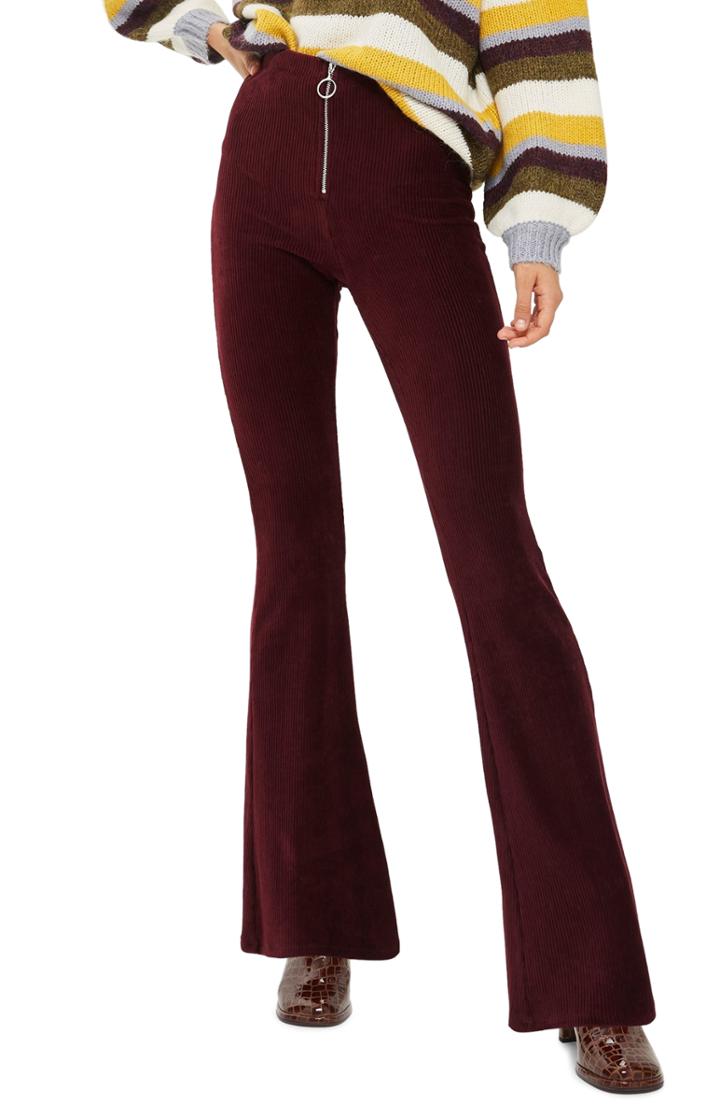 Women's Topshop Zip Flare Corduroy Pants Us (fits Like 0-2) - Burgundy
