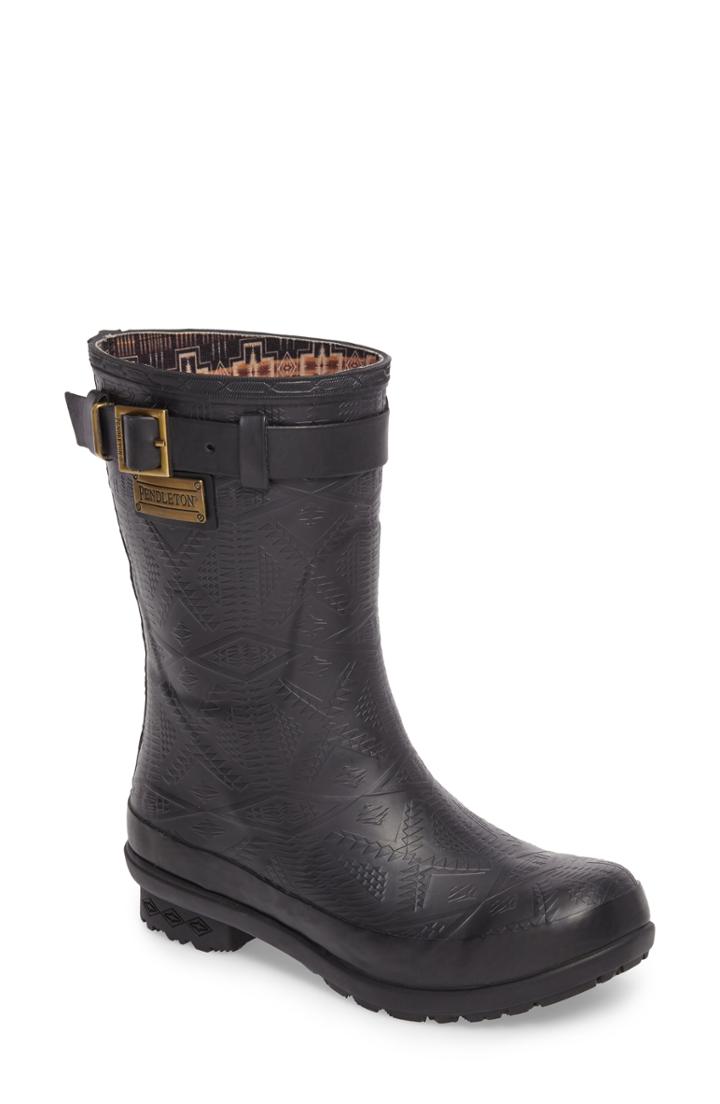 Women's Pendleton Embossed Short Waterproof Rain Boot M - Black