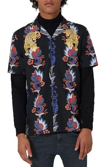 Men's Topman Embroidered Tiger Print Revere Collar Shirt - Black