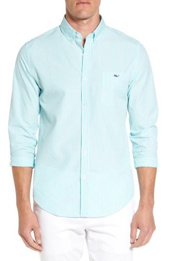 Men's Vineyard Vines Slim Fit Skysail Stripe Seersucker Sport Shirt, Size - Green