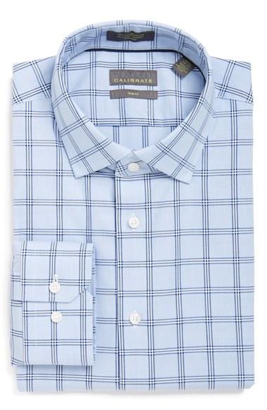 Men's Calibrate Trim Fit Non-iron Check Stretch Dress Shirt 32/33 - Blue