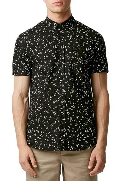 Men's Topman Slim Fit Short Sleeve Print Shirt - Black