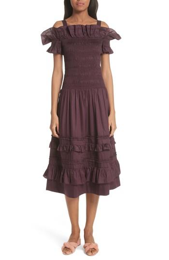 Women's Rebecca Taylor Cold Shoulder Smocked Cotton Dress - Purple