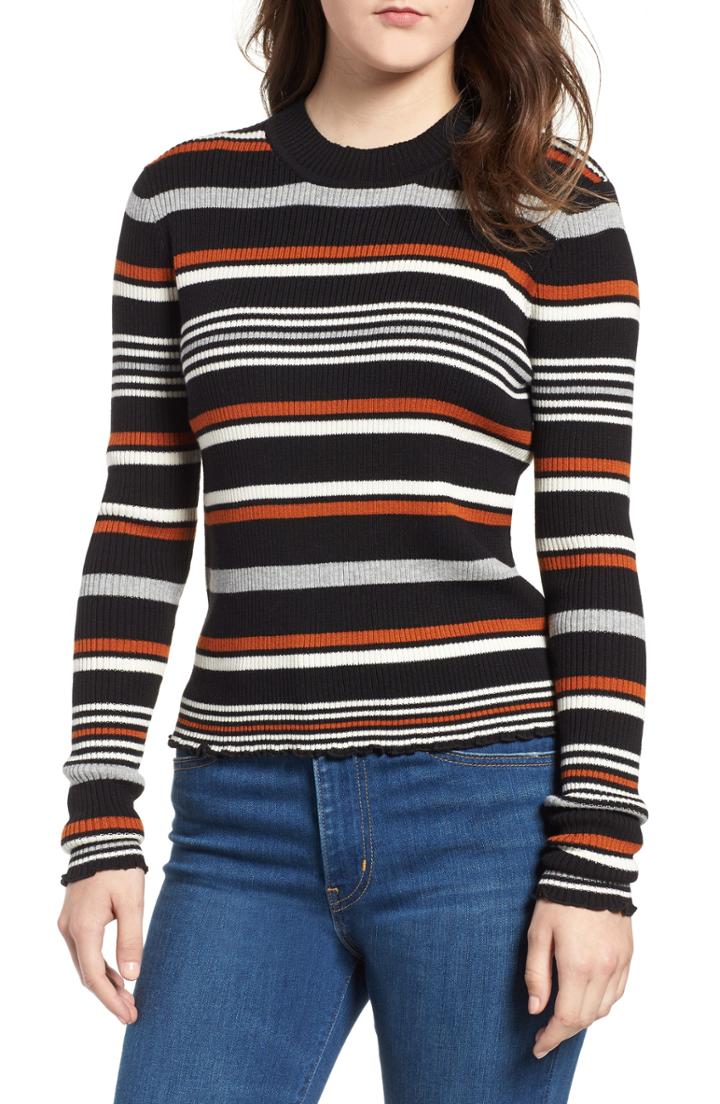 Women's Bp. Ribbed Lettuce Edge Stripe Sweater - Black