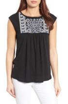 Women's Caslon Embroidered Cap Sleeve Knit Top - Black