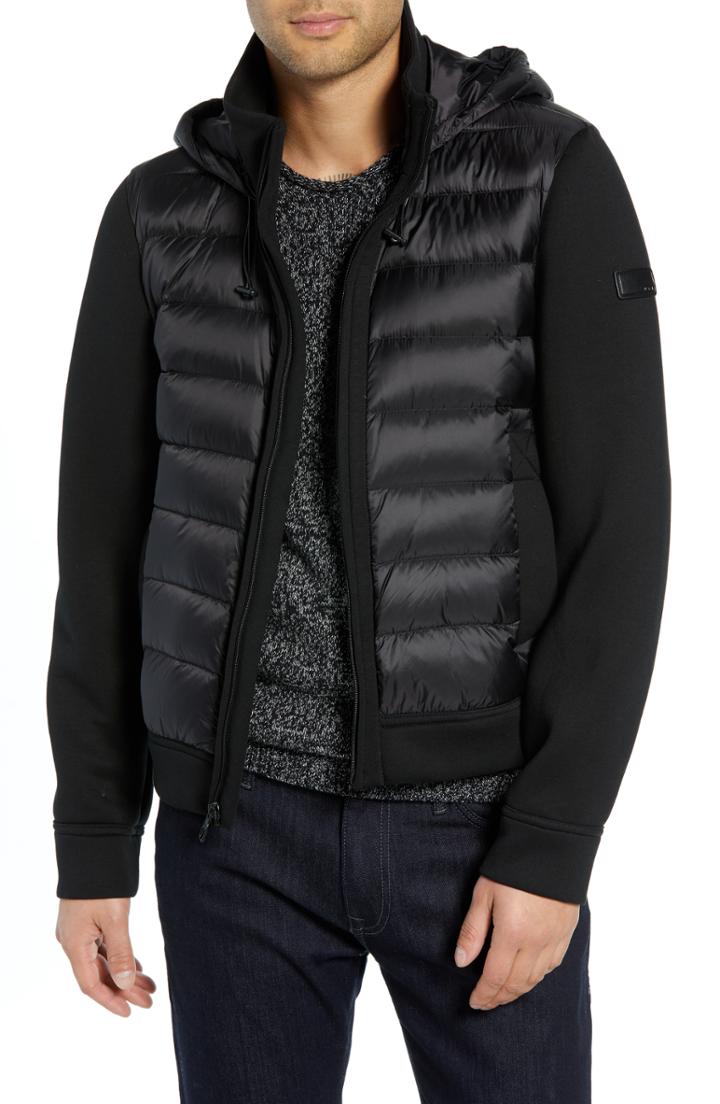Men's Tumi Quilted Down And Neoprene Hooded Jacket, Size - Black