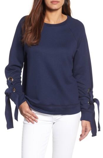 Petite Women's Halogen Tie Sleeve Sweatshirt, Size P - Blue