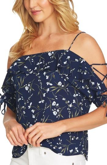 Women's Cece Cold Shoulder Laced Sleeve Floral Top - Blue