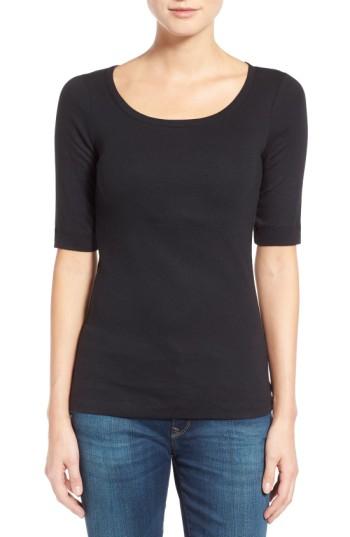 Petite Women's Caslon Ballet Neck Cotton & Modal Knit Elbow Sleeve Tee P - Black