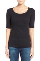 Petite Women's Caslon Ballet Neck Cotton & Modal Knit Elbow Sleeve Tee P - Black