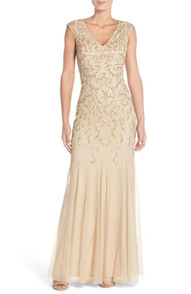 Women's Aidan Mattox Embellished Mesh Gown - Metallic