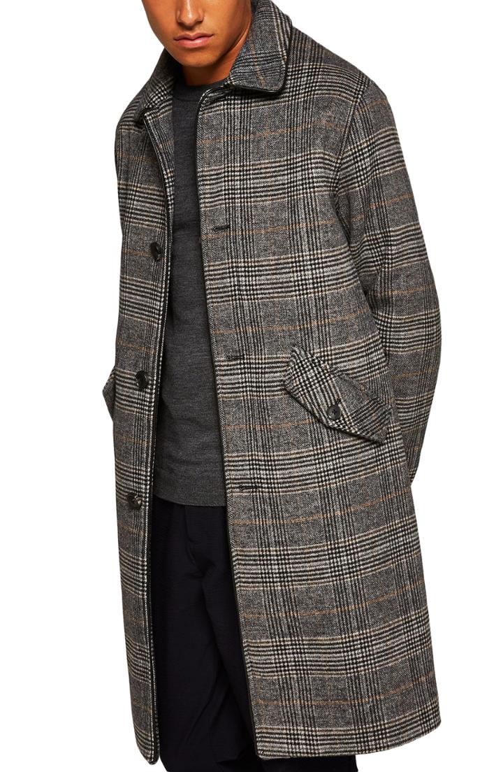 Men's Topman Check Wool Overcoat - Grey
