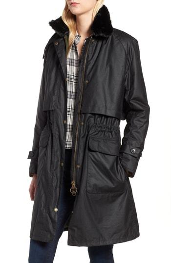 Women's Barbour Floree Waxed Cotton Canvas Jacket With Faux Fur Collar Us / 6 Uk - Black