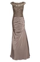 Women's La Femme Beaded Lace Ruched Gown - Brown