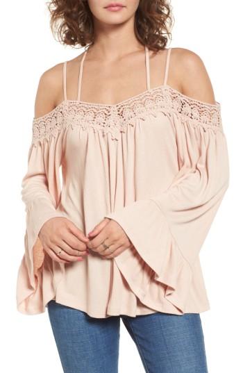 Women's Sun & Shadow Crochet Trim Off The Shoulder Top, Size - Pink