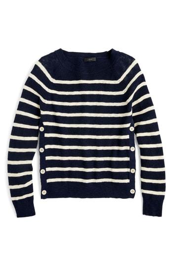 Women's J.crew Vivian Stripe Crewneck Side Button Sweater - Blue