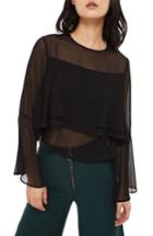 Women's Topshop Flute Sleeve Crinkle Blouse Us (fits Like 0) - Black