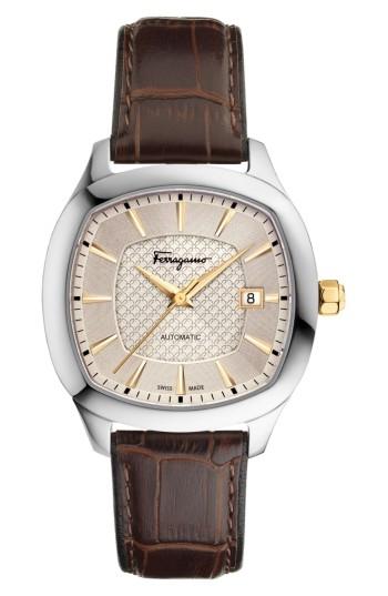 Men's Salvatore Ferragamo Square Automatic Leather Strap Watch, 41mm