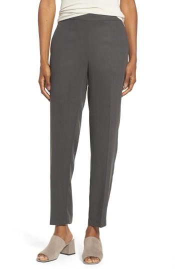 Petite Women's Eileen Fisher Woven Slim Leg Ankle Pants, Size P - Brown