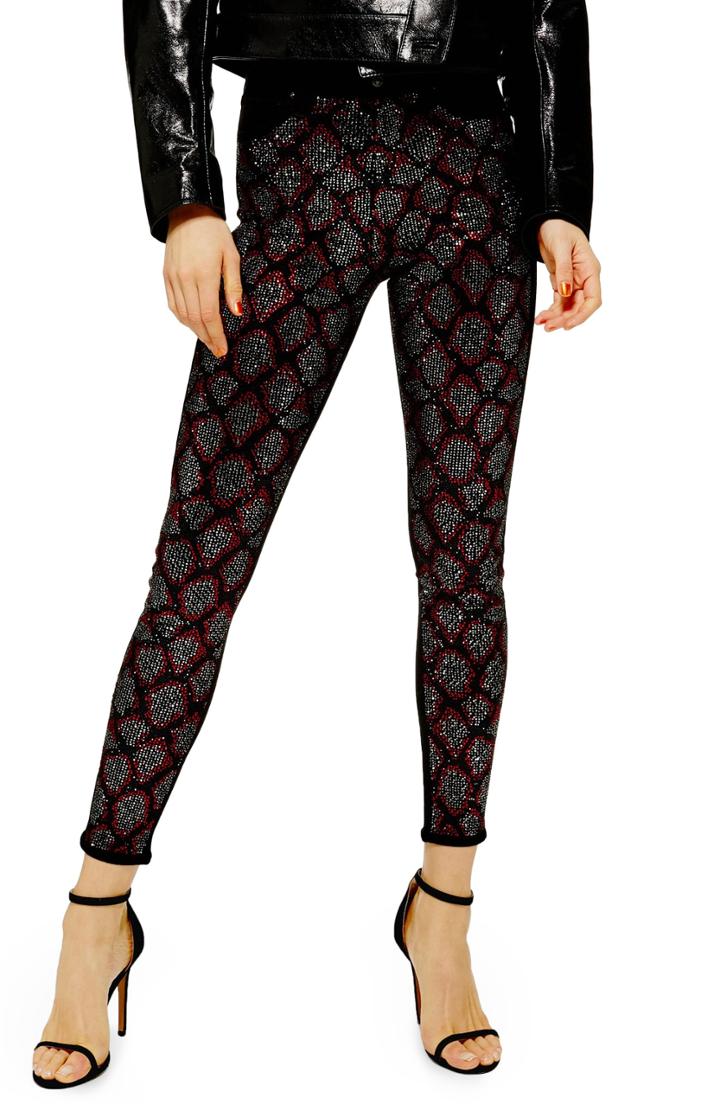 Women's Topshop Jamie Snake Print Studded Jeans W X 32l (fits Like 24w) - Black