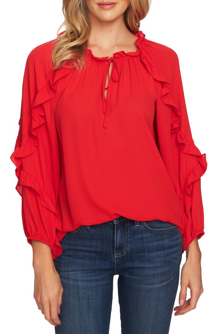 Women's Cece Cascading Ruffle Tie Neck Top, Size - Red