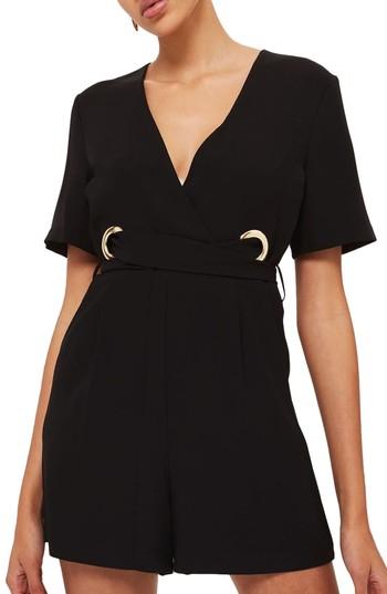 Women's Topshop Grommet Wrap Romper Us (fits Like 14) - Black