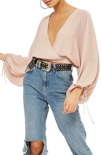 Women's Topshop Balloon Sleeve Wrap Top Us (fits Like 0) - Pink