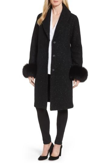 Women's Elie Tahari Grace Genuine Fox Fur Trim Knit Wool Blend Long Coat - Black