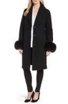 Women's Elie Tahari Grace Genuine Fox Fur Trim Knit Wool Blend Long Coat - Black