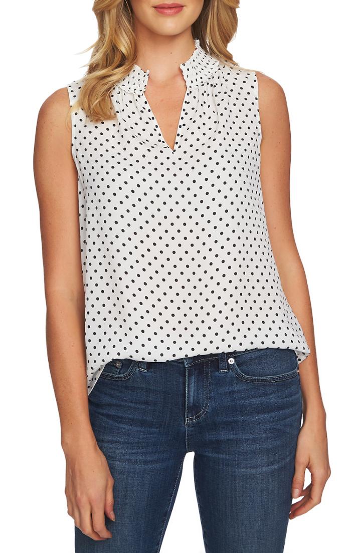 Women's Cece Refined Pin Dot Smock Neck Sleeveless Blouse - Ivory