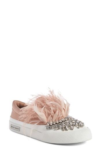 Women's Miu Miu Embellished Feather Slip-on Sneaker Us / 38eu - Beige