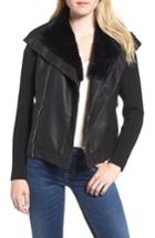 Women's Love Token Faux Leather Jacket With Faux Fur Trim - Black