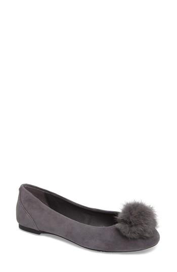 Women's Michael Michael Kors Remi Ballet Flat With Genuine Rabbit Fur Pom .5 M - Grey