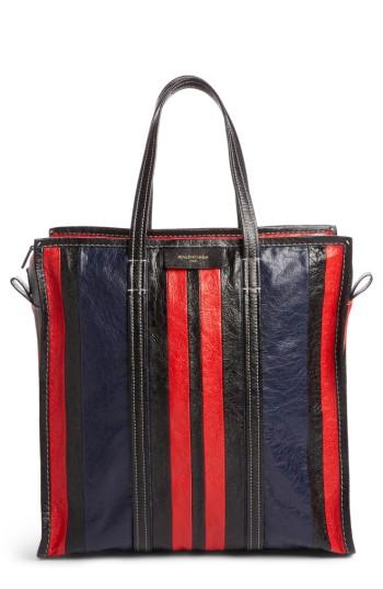 Balenciaga Medium Bazar Stripe Leather Tote - Blue