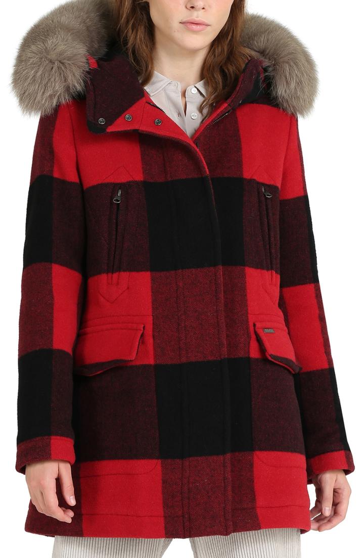 Women's Woolrich Mckenzie Buffalo Check Coat With Genuine Fox Fur Trim