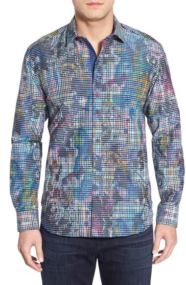 Men's Bugatchi Shaped Fit Geometric Print Sport Shirt - Blue