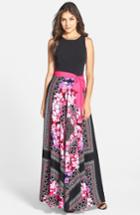 Petite Women's Eliza J Scarf Print Jersey & Crepe De Chine Maxi Dress P - Black