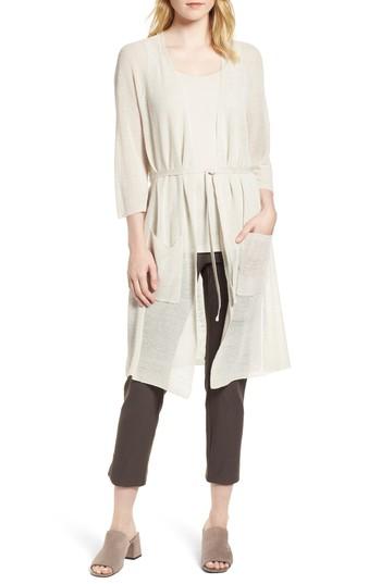 Women's Eileen Fisher Long Organic Linen Blend Kimono Cardigan, Size - Ivory