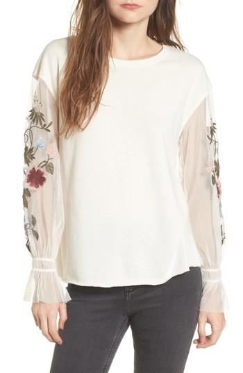 Women's Bp. Embroidered Mesh Sleeve Tee, Size - Ivory