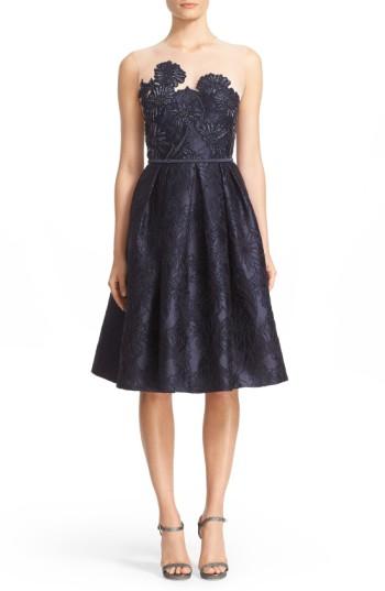 Women's Carmen Marc Valvo Couture Illusion Yoke Embroidered Jacquard Cocktail Dress - Blue