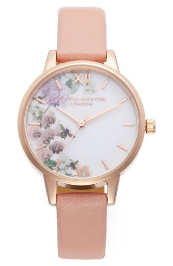 Women's Olivia Burton Floral Leather Strap Watch, 30mm