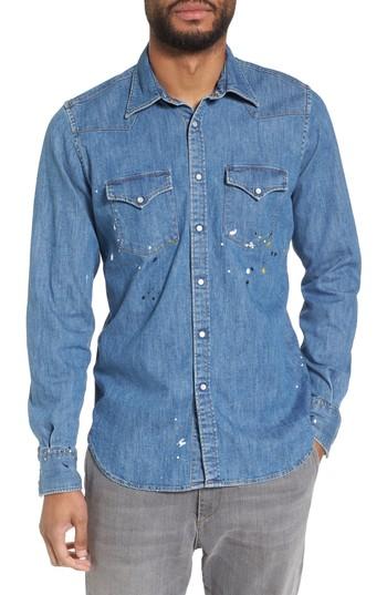 Men's Eleventy Slim Fit Paint Splatter Denim Sport Shirt, Size - Blue