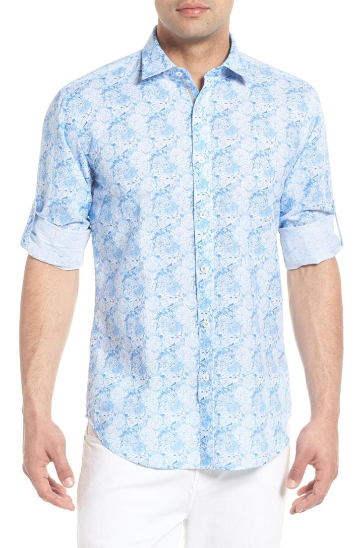 Men's Bugatchi Shaped Fit Rose Print Linen Blend Sport Shirt, Size - Blue
