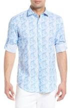 Men's Bugatchi Shaped Fit Rose Print Linen Blend Sport Shirt, Size - Blue