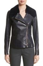 Women's Lafayette 148 New York Kimbry Leather Jacket With Removable Genuine Rex Rabbit Fur Collar