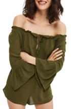 Women's Topshop Flute Sleeve Off The Shoulder Romper Us (fits Like 0) - Green