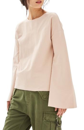Women's Topshop Split Back Bell Sleeve Top Us (fits Like 0) - Beige