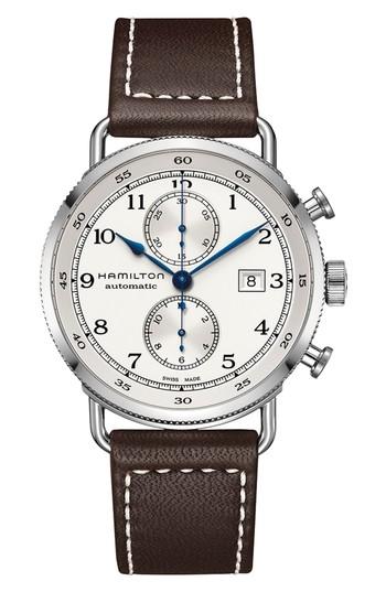 Men's Hamilton Khaki Navy Automatic Chronograph Leather Strap Watch, 44mm
