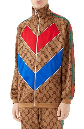 Men's Gucci Gg Supreme Print Tech Jersey Track Jacket - Beige