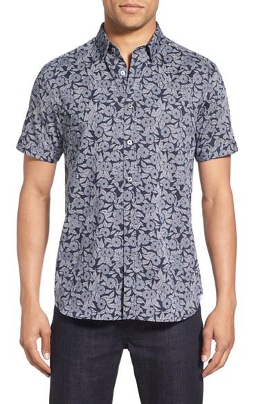 Men's Ted Baker London 'bordeaux' Modern Trim Fit Floral Print Short Sleeve Sport Shirt